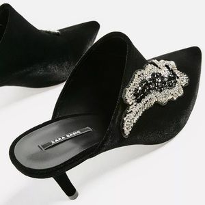 ZARA RARE VELVET BEADED POINTED MULES HEELS BLACK NEW WITH TAGS US 6.5 EUR 37